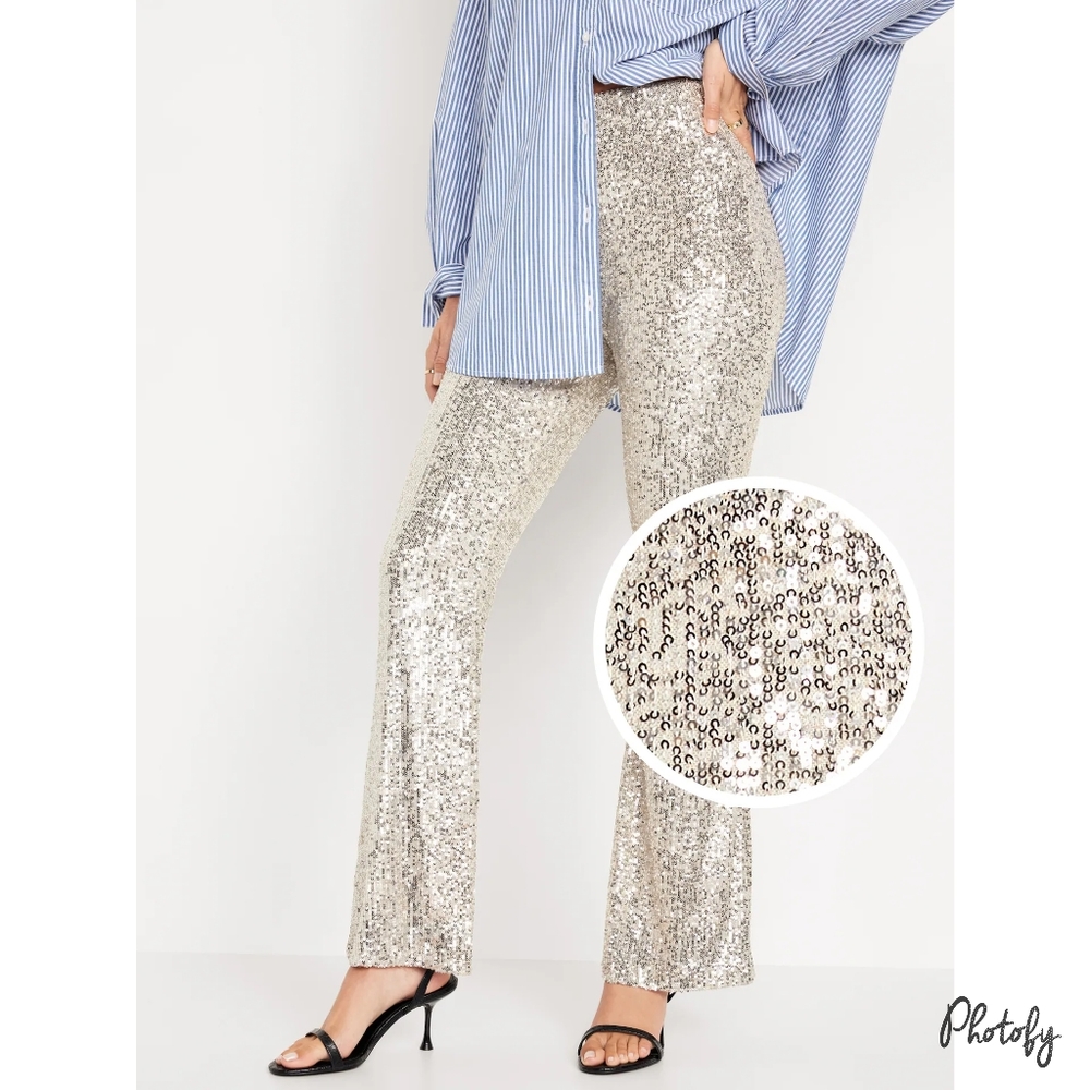 NWT Women's Old Navy Silver Sequin Sparkle Festival Concert / Easter Flare Pants